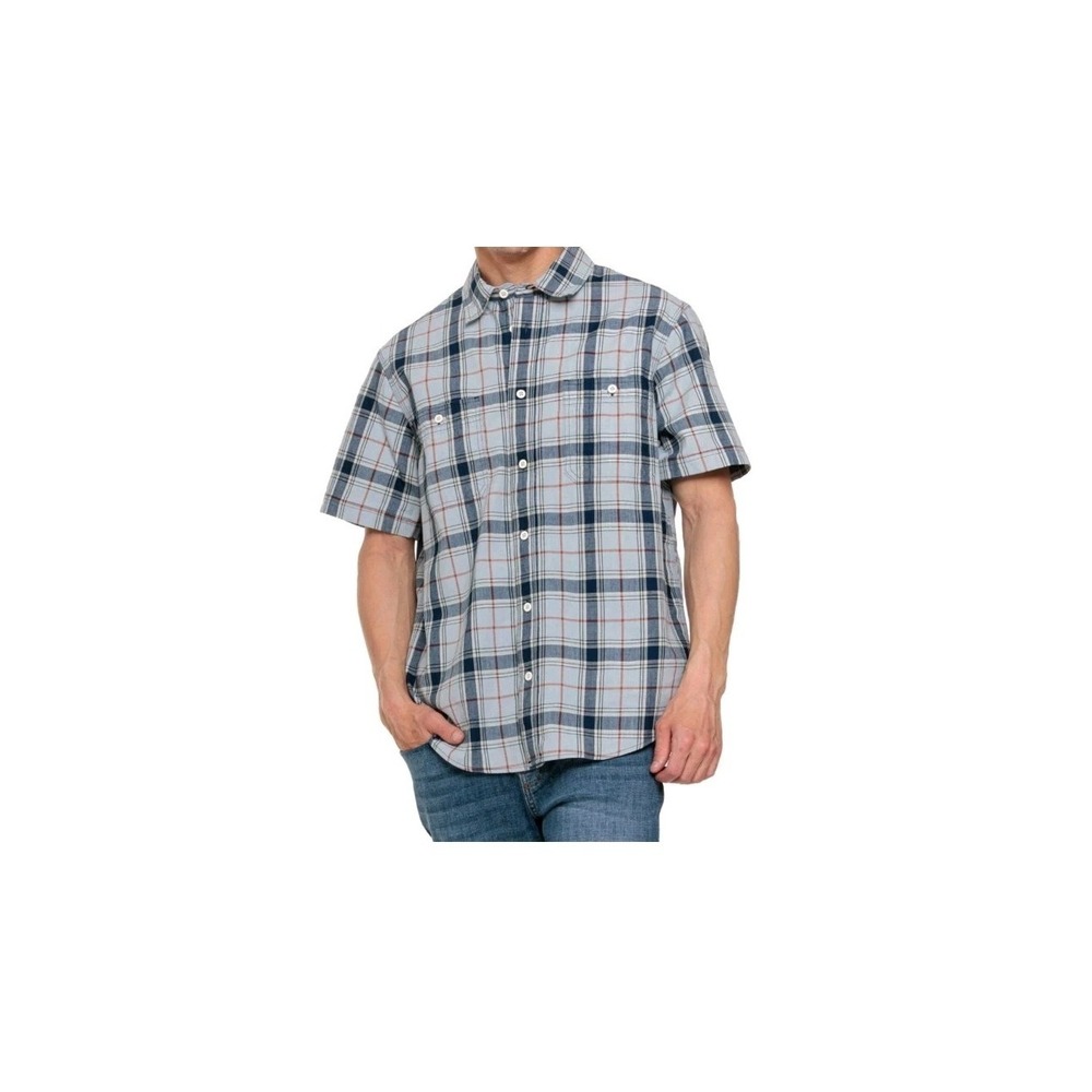 Filson Chambray Washed Indigo Short Sleeve Button Shirt Size Medium Plaid Blue